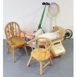 Three child’s chairs; a child’s scooter; a Fisher-Price car; & a painted wooden dolls crib, etc.