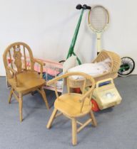 Three child’s chairs; a child’s scooter; a Fisher-Price car; & a painted wooden dolls crib, etc.