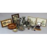 Four decorative pictures, each in a glazed frame; a burr wood fruit bowl; & various items of