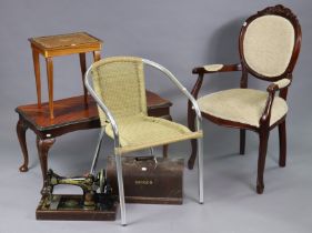 A 19th century continental-style beech-frame elbow chair; together with a chrome-frame chair; two