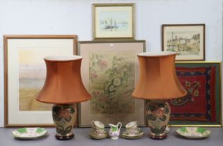 A pair of ceramic floral decorated table lamps; together with a copper coal scuttle with shovel;