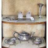 A silver plated three-piece tea service; a plated desk inkstand; & various other items of