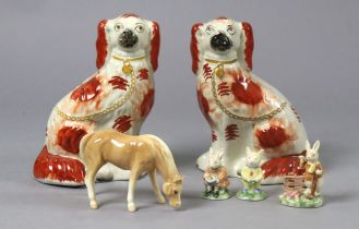 A pair of Staffordshire pottery seated Spaniel ornaments, 25.5cm high; an art deco style scent