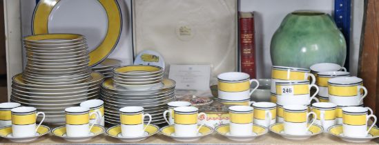 A Mulberrry Hall china “Marlborough college plate”, cased; a pottery ovoid vase; a Limoges yellow-