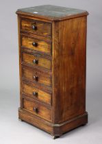 A continental-style small mahogany marble-top chest fitted six long drawers with turned knob