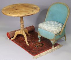 A turquoise & gold painted loom nursing chair; together with a pine tripod table; & a small rug.