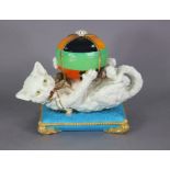 A William Brownfield model of a cat, playing with a brocaded ball forming a bowl & cover, laying