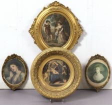 Six various 19th century giltwood & gesso picture frames, all but one containing a coloured