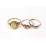 An 18ct. gold ring set row of five tiny diamonds, size: O, 1.6gm; & two 9ct. gold signet rings, 5.