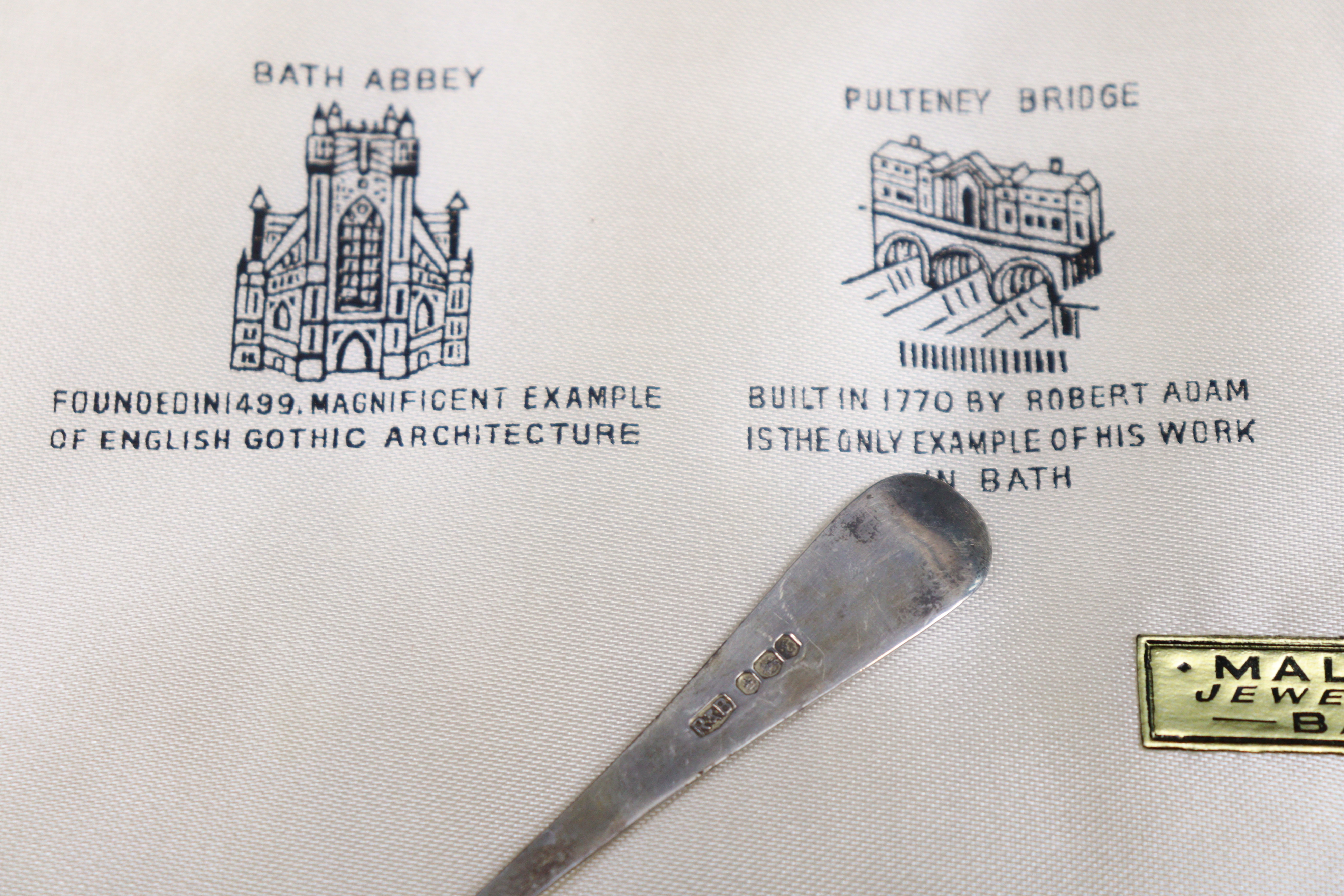 A set of six silver City of Bath Hanoverian picture-bowl teaspoons depicting notable architectural - Image 3 of 5