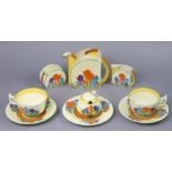 A Clarice Cliff ‘Bizarre’ Crocus pattern ‘tea for two’ service comprising teapot (12cm) two teacups,