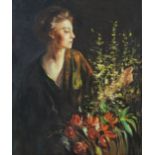 ENGLISH SCHOOL, 20th century. Portrait of a lady with flowers, Oil on canvas, 61cm x 51cm,