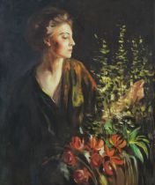 ENGLISH SCHOOL, 20th century. Portrait of a lady with flowers, Oil on canvas, 61cm x 51cm,