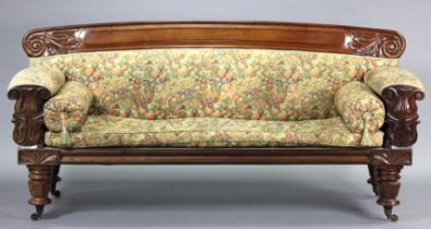 A William IV mahogany frame scroll-end sofa upholstered floral patterned material, with loose
