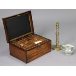 A mid-19th century rosewood rectangular work box, the hinged lid enclosing removable tray fitted