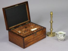 A mid-19th century rosewood rectangular work box, the hinged lid enclosing removable tray fitted