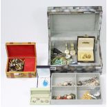 A mother-of-pearl veneered jewellery box & contents of costume jewellery, wristwatches, etc.