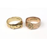 A late Victorian 9ct. gold engraved buckle ring, Birmingham 1876, size: S, 5gm; & a modern ditto,