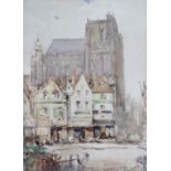 FRENCH SCHOOL, late 19th/early 20thC market square with cathedral in the distance, watercolour: 34cm