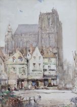 FRENCH SCHOOL, late 19th/early 20thC market square with cathedral in the distance, watercolour: 34cm