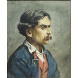 A head & shoulders portrait of a gentleman with moustache, wearing blue jacket & red waistcoat,