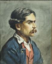 A head & shoulders portrait of a gentleman with moustache, wearing blue jacket & red waistcoat,