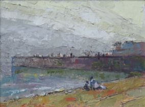 SONIA ODELL (Contemporary) Figures on the coast, Oil on panel, 15cm x 25cm, in painted frame (26cm x