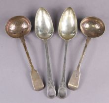 Two George III silver Old English table spoons with matching later bright-cut decoration, London