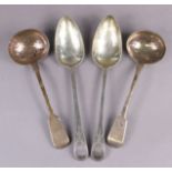 Two George III silver Old English table spoons with matching later bright-cut decoration, London