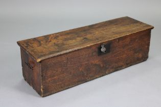 An 18th century elm six-board coffer with carved initials & date “I. W. 1765” to the front, with