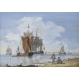 DUTCH SCHOOL, 19th century. Fishing vessels off the coast, with figures on the shore. Oil on