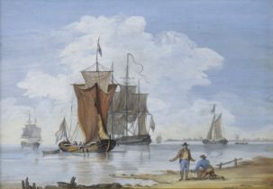 DUTCH SCHOOL, 19th century. Fishing vessels off the coast, with figures on the shore. Oil on