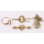 A 9ct. gold ring (lacking marquise-shaped stone; a bar brooch with open heart motif centred by a