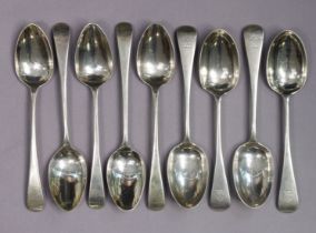 Five Geroge III silver Old English dessert spoons, London 1803 (two by Richard Crossley, one by P.