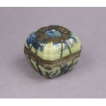 A 20thC Chinese porcelain square box & cover with metal mounts, painted underglaze blue decoration