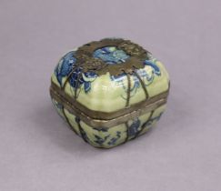 A 20thC Chinese porcelain square box & cover with metal mounts, painted underglaze blue decoration