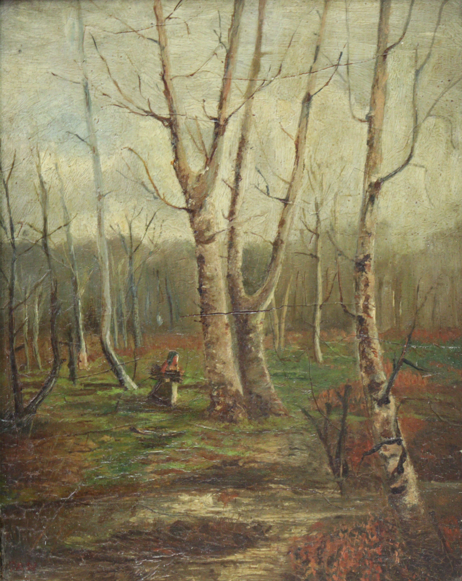 ENGLISH SCHOOL, 19th century. A wooded landscape with figure gathering firewood, Oil on panel: