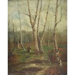 ENGLISH SCHOOL, 19th century. A wooded landscape with figure gathering firewood, Oil on panel: