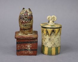 JOHN MALTBY (1936-2020) A ceramic small lidded box with handle in the form of a cat, impressed