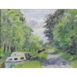 JASPER ROSE (1930-2019) A view along the Kennett & Avon canal, Bath. Signed, Oil on board: 19cm x