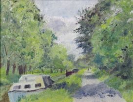 JASPER ROSE (1930-2019) A view along the Kennett & Avon canal, Bath. Signed, Oil on board: 19cm x