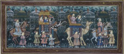 A 19th century Indian Mughal gouache painting depicting a ceremonial precession, 18.5cm x 41.5cm (