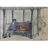 HERMIONE HAMMOND (1910-2005) A lady & her dog seated on a pier bench. Pen & wash on buff paper, 11cm