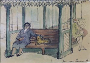 HERMIONE HAMMOND (1910-2005) A lady & her dog seated on a pier bench. Pen & wash on buff paper, 11cm