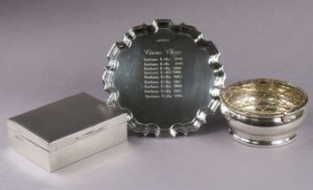 A modern silver square round rose bowl, 10cm diam., Birmingham 1982 (2.4 oz); a 15cm diam. card tray