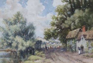 JOHN E. KEY (late 19thC) A drover & cattle passing cottages, signed, watercolour: 24.5cm x 36cm,
