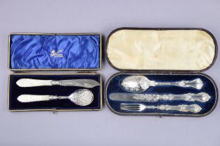 A late Victorian silver preserve spoon with embossed oval bowl, & a butter knife with engraved