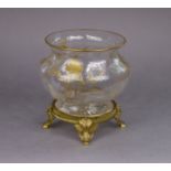 A Late Victorian glass bowl on gilt-metal neo-classical style base, of squat baluster form with