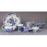 An early 19th century English blue transfer decorated ‘Palladian Porch’ pattern trio of teapot (