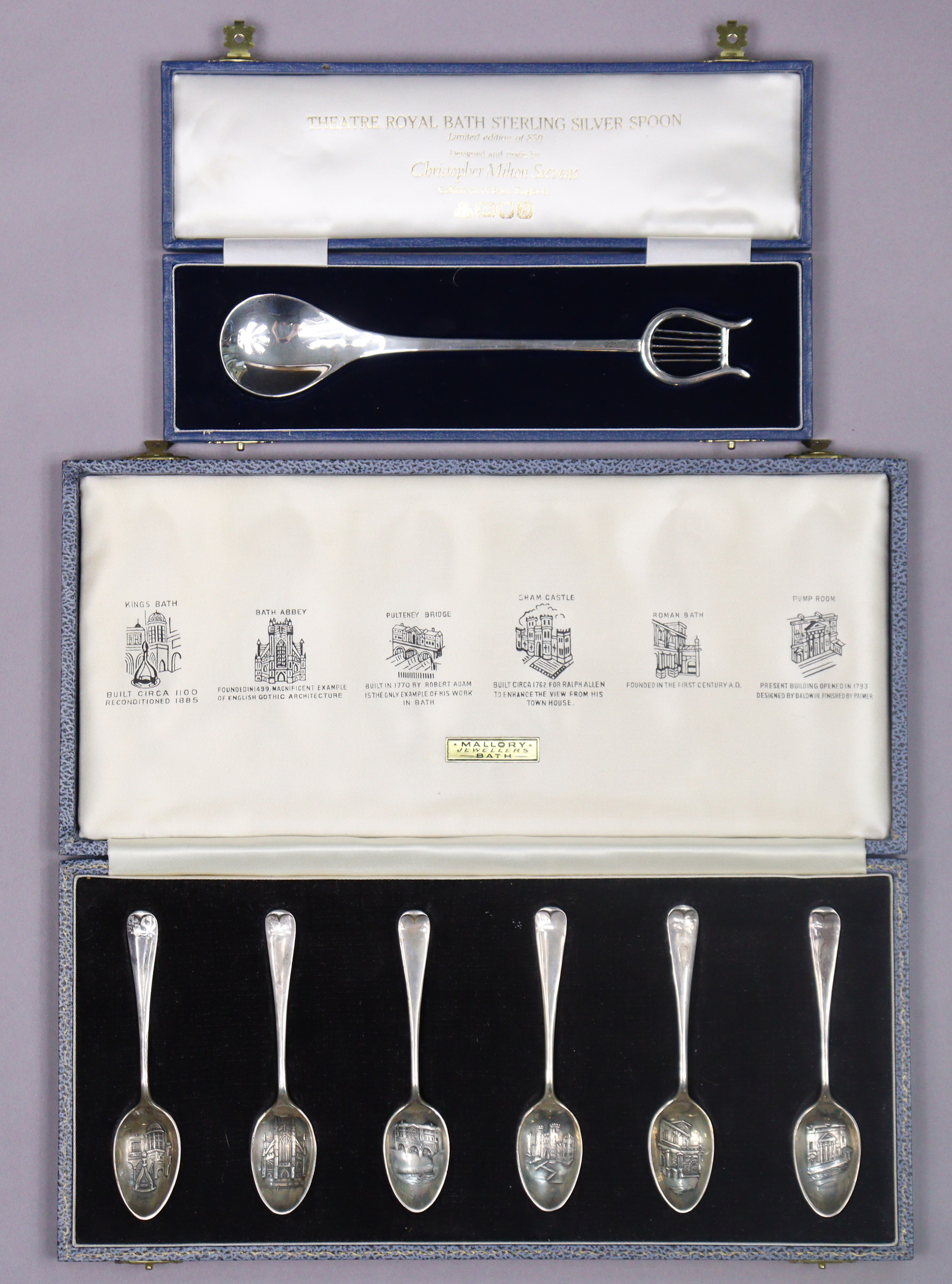 A set of six silver City of Bath Hanoverian picture-bowl teaspoons depicting notable architectural